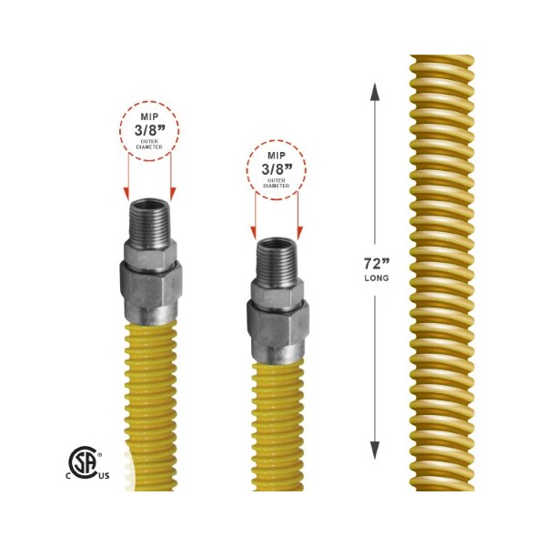 Gas Line Hose 1/2'' O.D.x72'' Len 3/8 MIP Fittings Yellow Coated Stainless Steel Flexible Connector